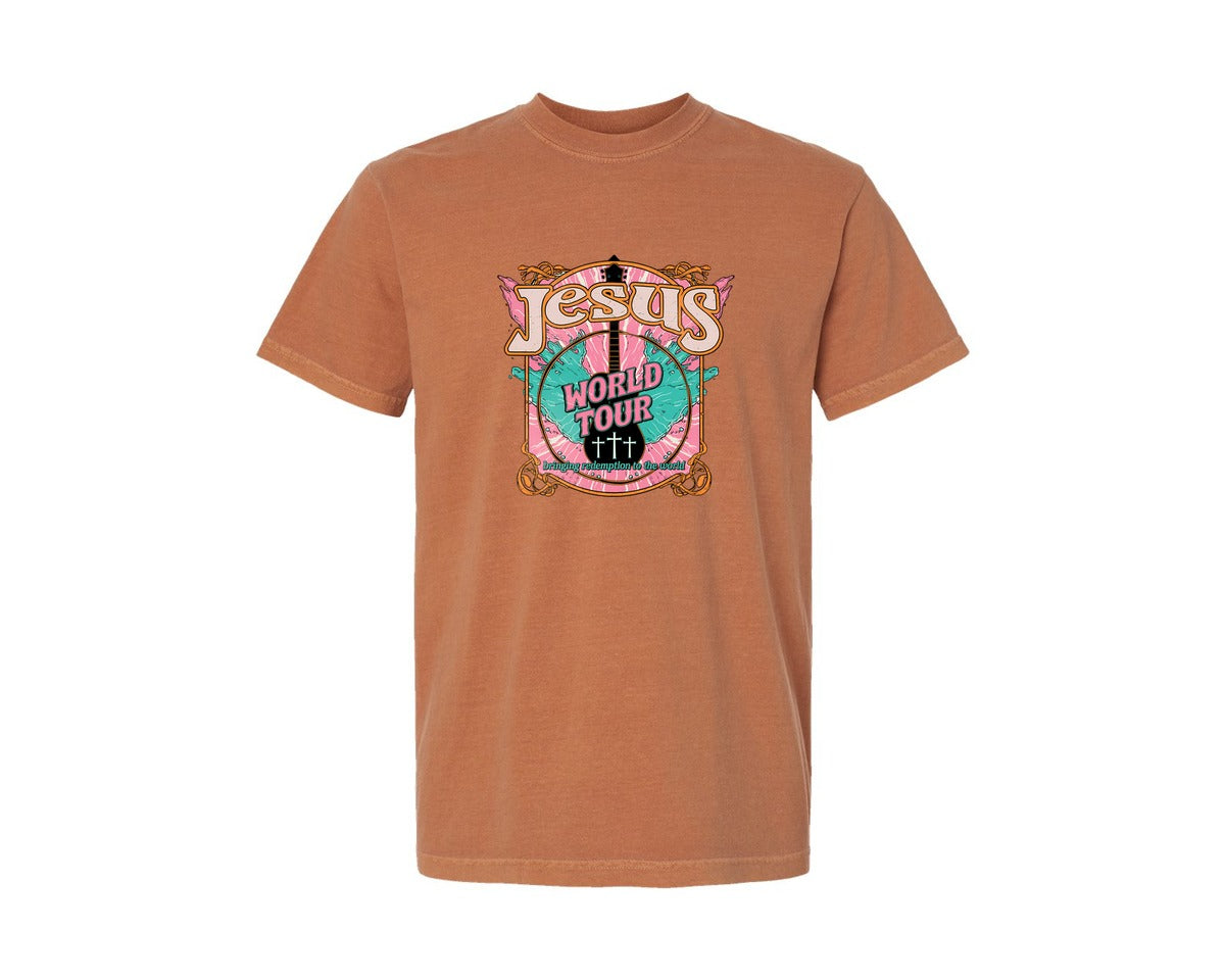 brand:Comfort Colors|color:Yam|Jesus World Tour Christian Art Graphic T-Shirt