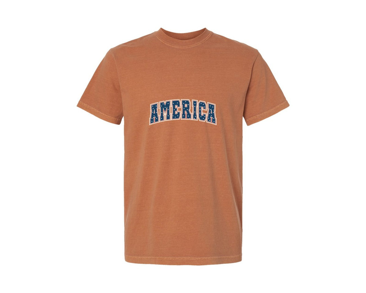 brand:Comfort Colors|color:Yam|America Varsity Retro T Shirt Graphic T-Shirt