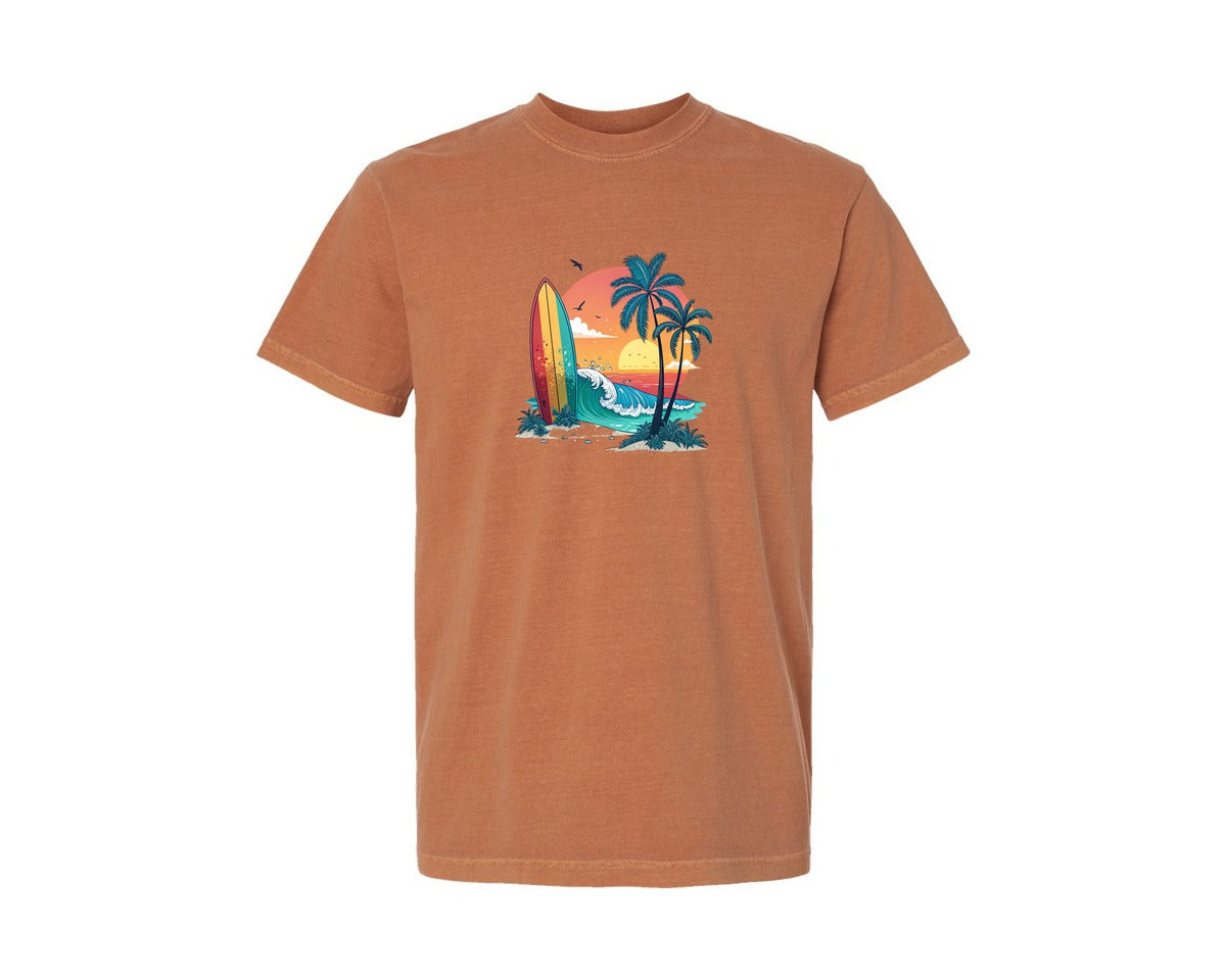 brand:Comfort Colors|color:Yam|Retro Surfboard Summer Sunset Surfing Graphic T-Shirt