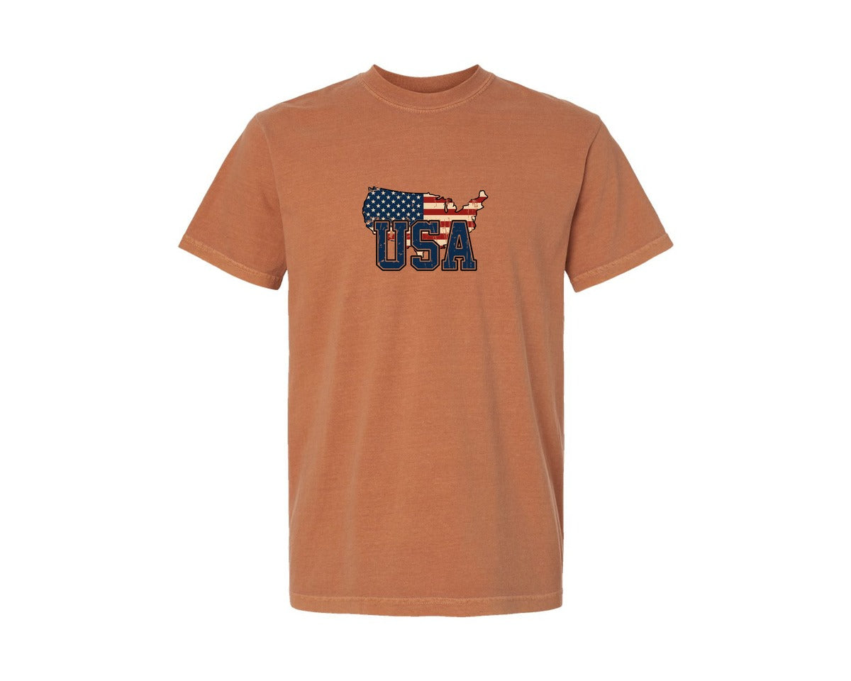 brand:Comfort Colors|color:Yam|America Usa Map 4Th Of July Patriotic Graphic T-Shirt