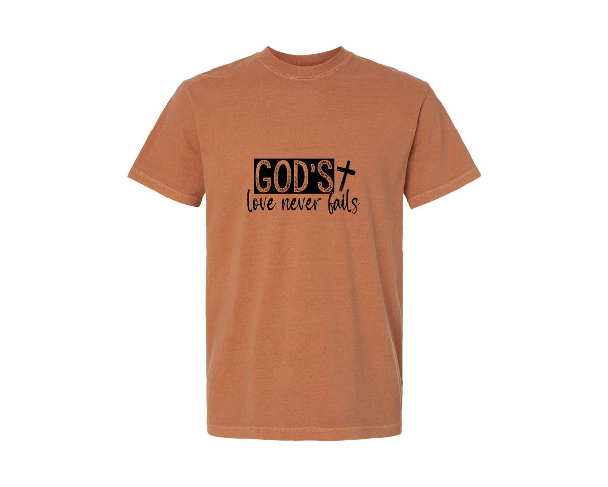 brand:Comfort Colors|color:Yam|Gods Love Never Fails Sleeve Design 2 Graphic T-Shirt