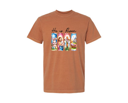 brand:Comfort Colors|color:Yam|He Is Risen Easter Jesus Christian Graphic T-Shirt