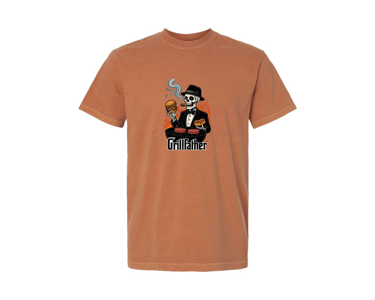 brand:Comfort Colors|color:Yam|Grillfather Mafia Bbq Skeleton Dad Graphic T-Shirt