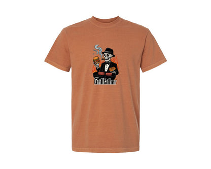 brand:Comfort Colors|color:Yam|Grillfather Mafia Bbq Skeleton Dad Graphic T-Shirt