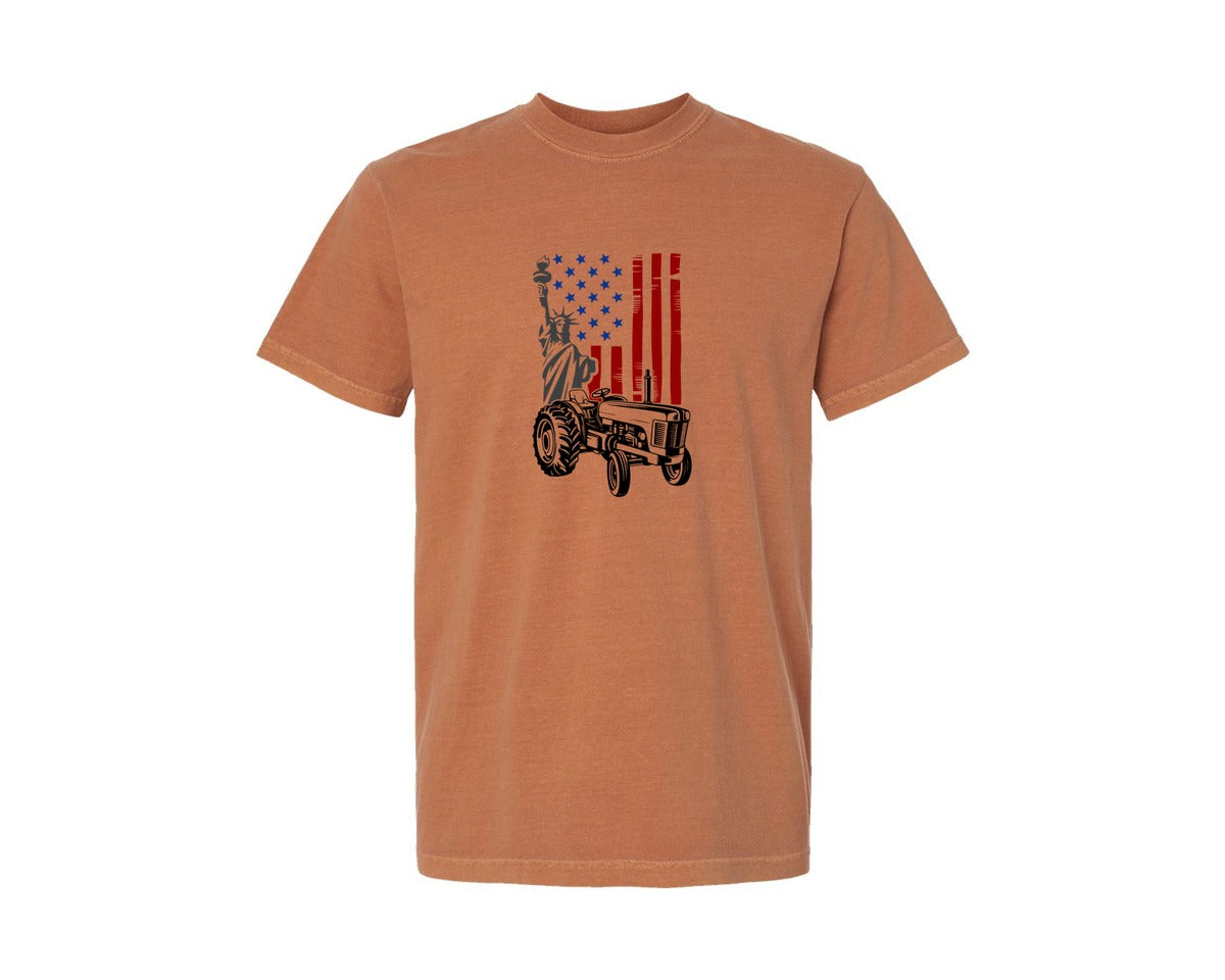 brand:Comfort Colors|color:Yam|Vintage American Flag Tractor Usa Graphic T-Shirt