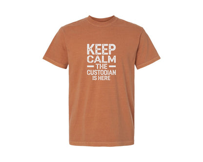 brand:Comfort Colors|color:Yam|Keep Calm Custodian Here Graphic T-Shirt