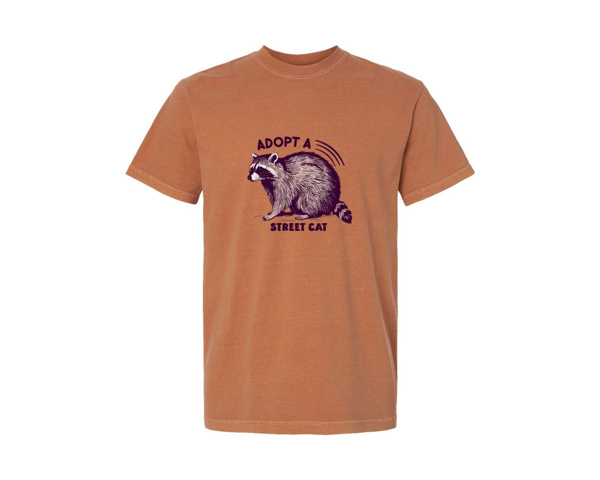 brand:Comfort Colors|color:Yam|Adopt A Local Street Cats Funny Raccoon Graphic T-Shirt