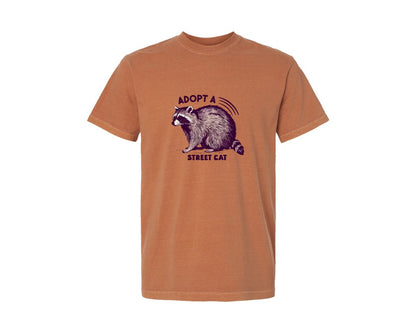 brand:Comfort Colors|color:Yam|Adopt A Local Street Cats Funny Raccoon Graphic T-Shirt