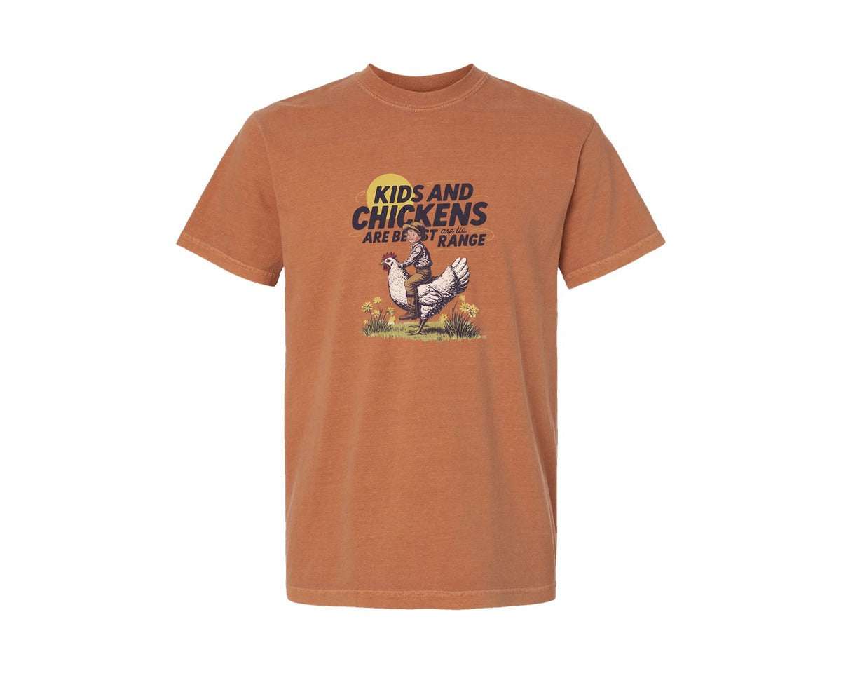 brand:Comfort Colors|color:Yam|Kids And Chickens Vintage Farm Graphic T-Shirt