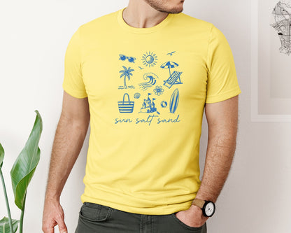 brand:Bella Canvas|color:Yellow|Summer Coastal Sun Salt Sand Line Art Graphic T-Shirt