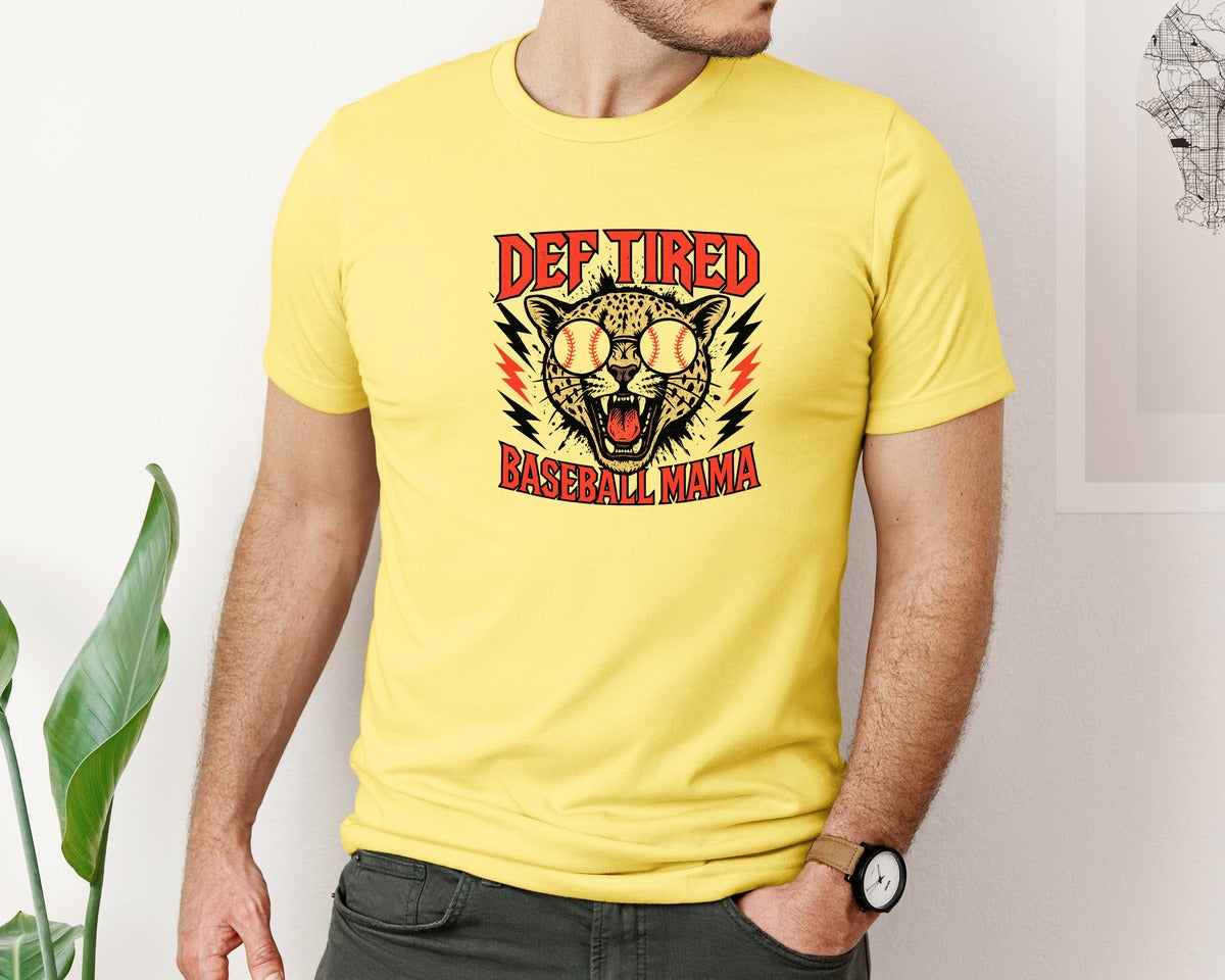 brand:Bella Canvas|color:Yellow|Tired Baseball Mama Funny Baseball Graphic T-Shirt