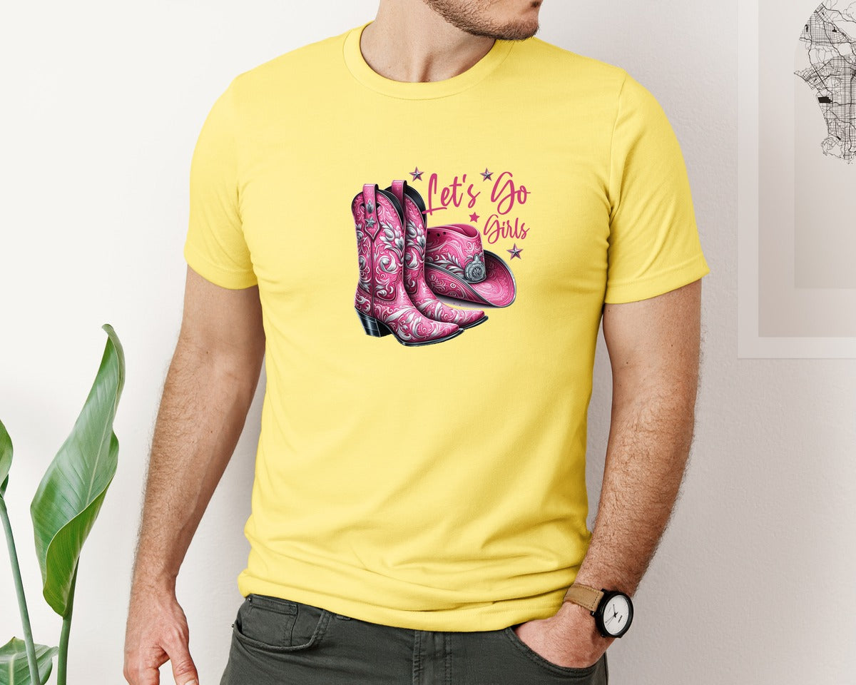 brand:Bella Canvas|color:Yellow|Lets Go Girls Cowgirl Boots 2 Graphic T-Shirt