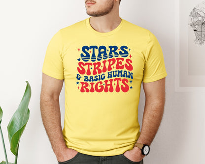 brand:Bella Canvas|color:Yellow|Stars Stripes Basic Human Rights Graphic T-Shirt