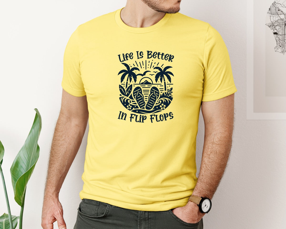 brand:Bella Canvas|color:Yellow|Life Is Better In Flip Flops Family Graphic T-Shirt