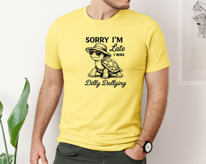 brand:Bella Canvas|color:Yellow|Sorry Im Late Funny Saying Turtle Graphic T-Shirt