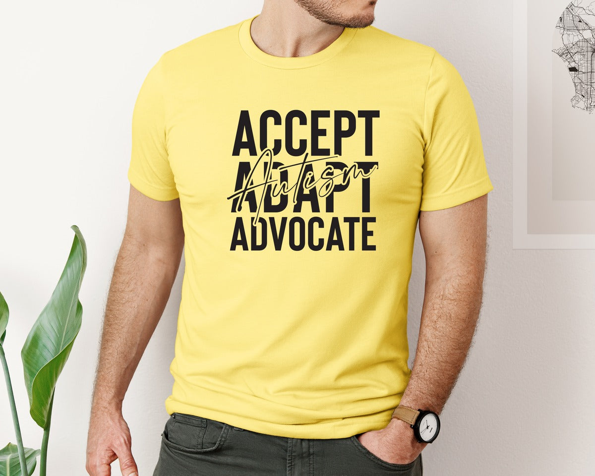 brand:Bella Canvas|color:Yellow|Accept Adapt Advocate Autism Graphic T-Shirt