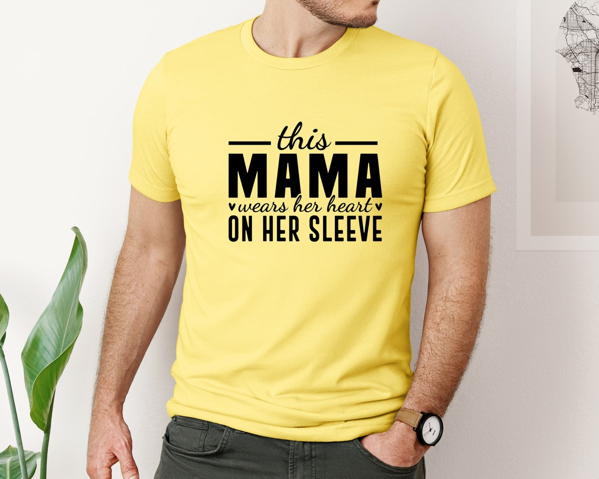 brand:Bella Canvas|color:Yellow|This Mama Wears Her Heart On Her Sleeve 77 Graphic T-Shirt