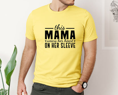 brand:Bella Canvas|color:Yellow|This Mama Wears Her Heart On Her Sleeve 77 Graphic T-Shirt