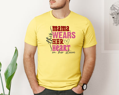 brand:Bella Canvas|color:Yellow|This Mama Wears Her Heart On Her Sleeve 84 Graphic T-Shirt