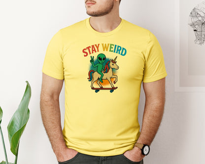 brand:Bella Canvas|color:Yellow|Stay Weird Alien Unicorn Graphic T-Shirt