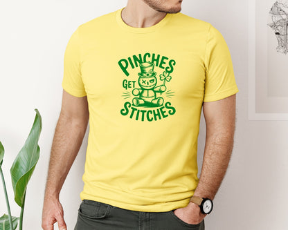 brand:Bella Canvas|color:Yellow|Pinches Get Stitches Funny St Patri Graphic T-Shirt
