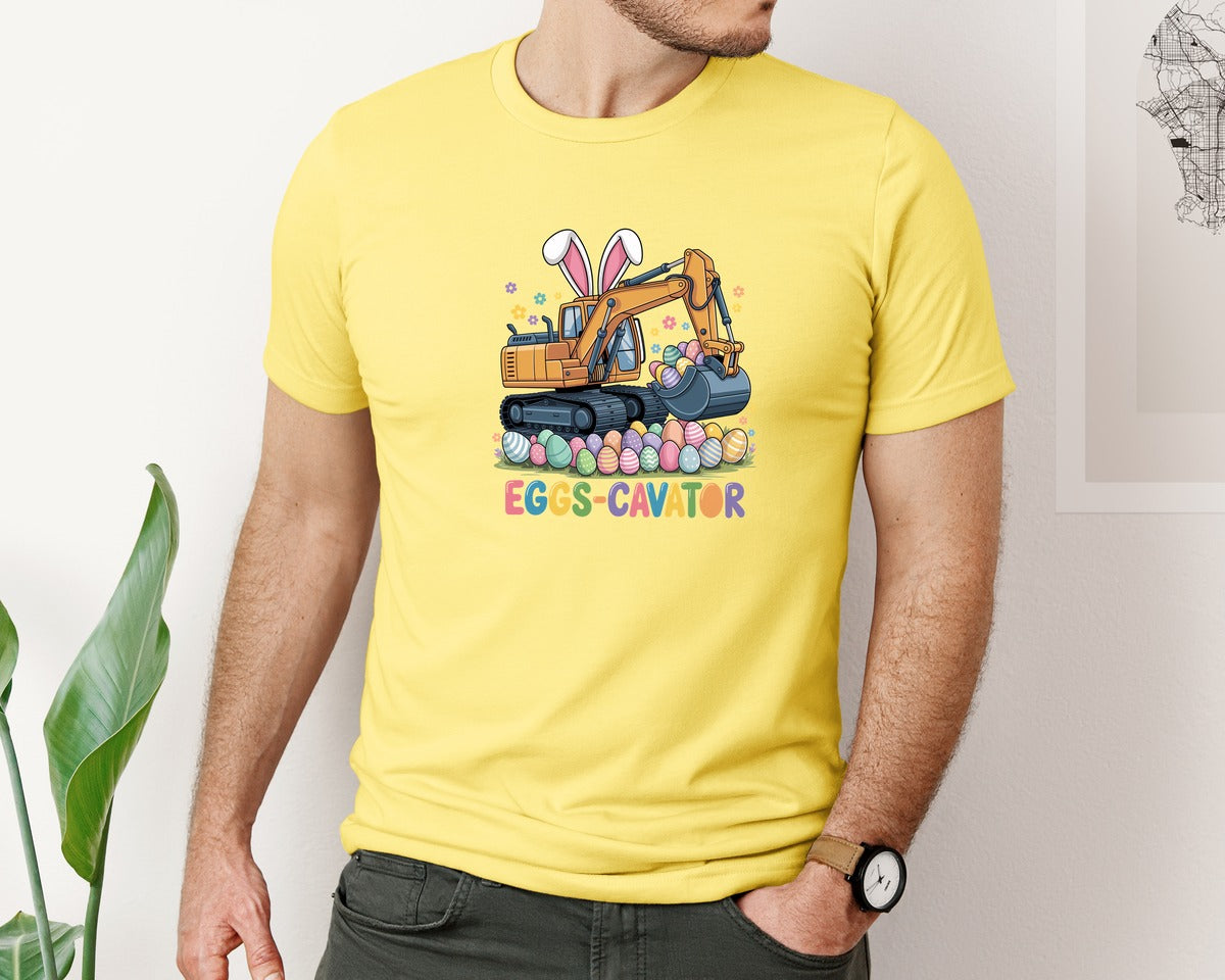 brand:Bella Canvas|color:Yellow|Eggs Cavator Easter Excavator 3 Graphic T-Shirt