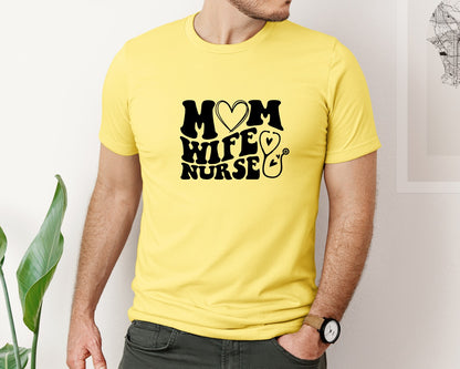brand:Bella Canvas|color:Yellow|Mom Wife Nurse Wavy Graphic T-Shirt