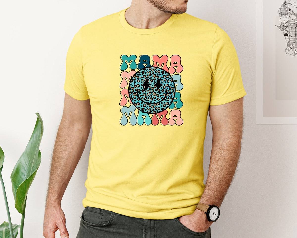 brand:Bella Canvas|color:Yellow|Retro Leopard Mama Mothers Day Graphic T-Shirt