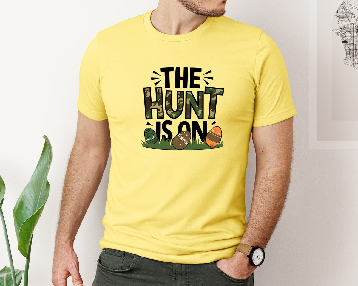 brand:Bella Canvas|color:Yellow|The Hunt Is On Camo Easter Egg Camo Graphic T-Shirt