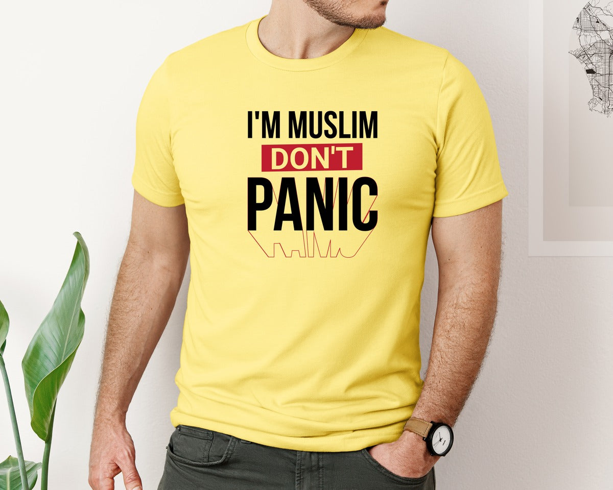brand:Bella Canvas|color:Yellow|Im Muslim Dont Panic Muslim Quote Is Graphic T-Shirt