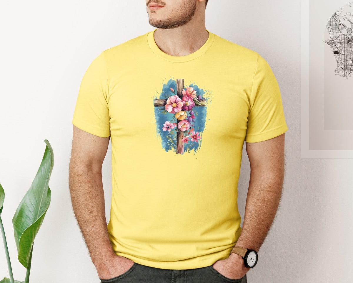 brand:Bella Canvas|color:Yellow|Floral Christian Cross Graphic T-Shirt