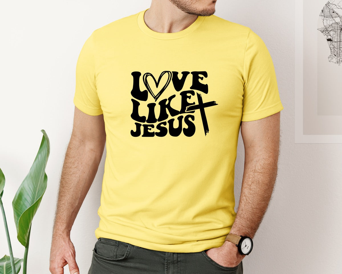 brand:Bella Canvas|color:Yellow|Love Like Jesus Wavy 2 Graphic T-Shirt