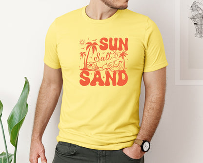 brand:Bella Canvas|color:Yellow|Sun Salt Sand Tropical Flip Flops Graphic T-Shirt