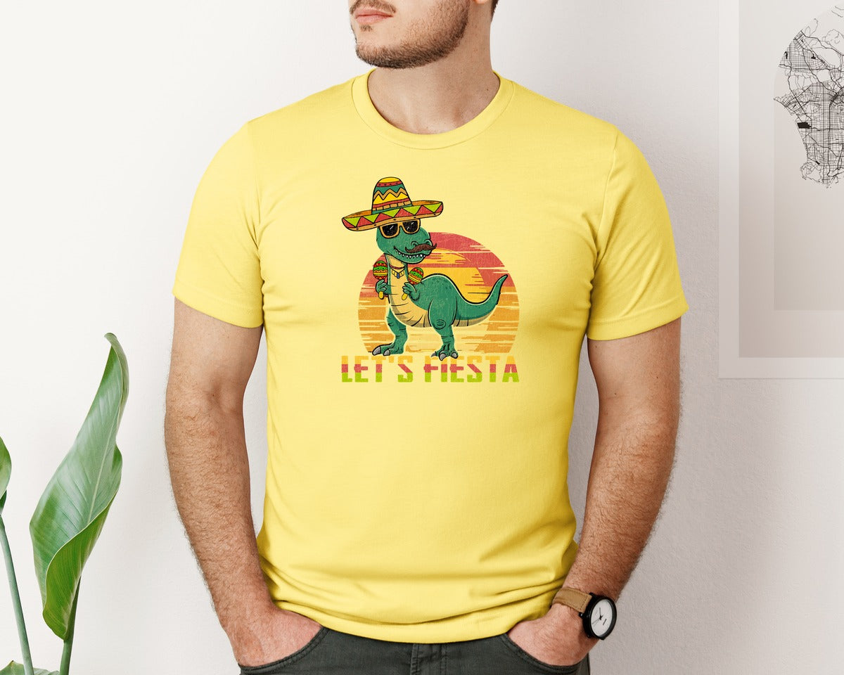 brand:Bella Canvas|color:Yellow|Lets Fiesta Dinosaur Cinco De Mayo Graphic T-Shirt