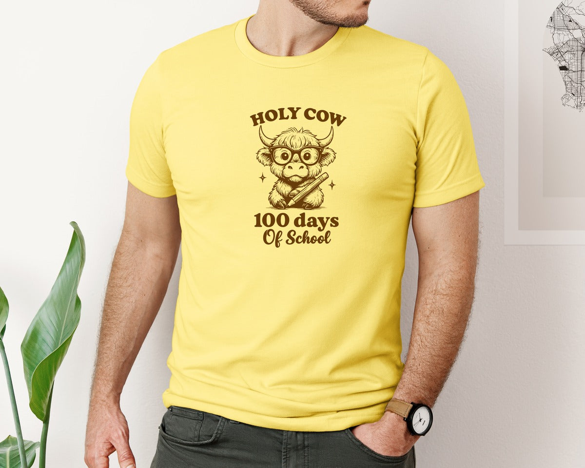 brand:Bella Canvas|color:Yellow|Holy Cow 100 Days Of School Graphic T-Shirt