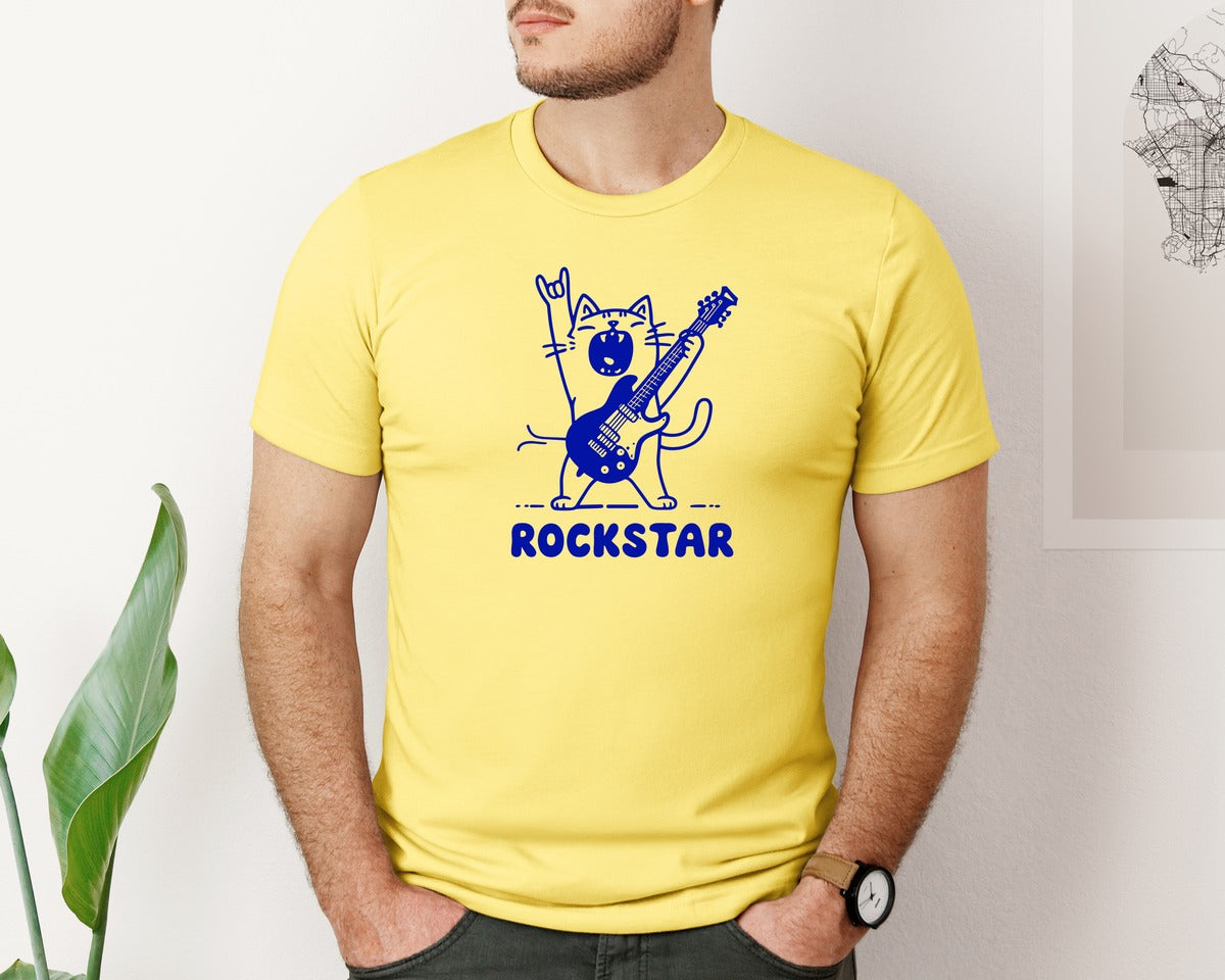brand:Bella Canvas|color:Yellow|Rockstar Cat Cool Guitar Cat Graphic T-Shirt