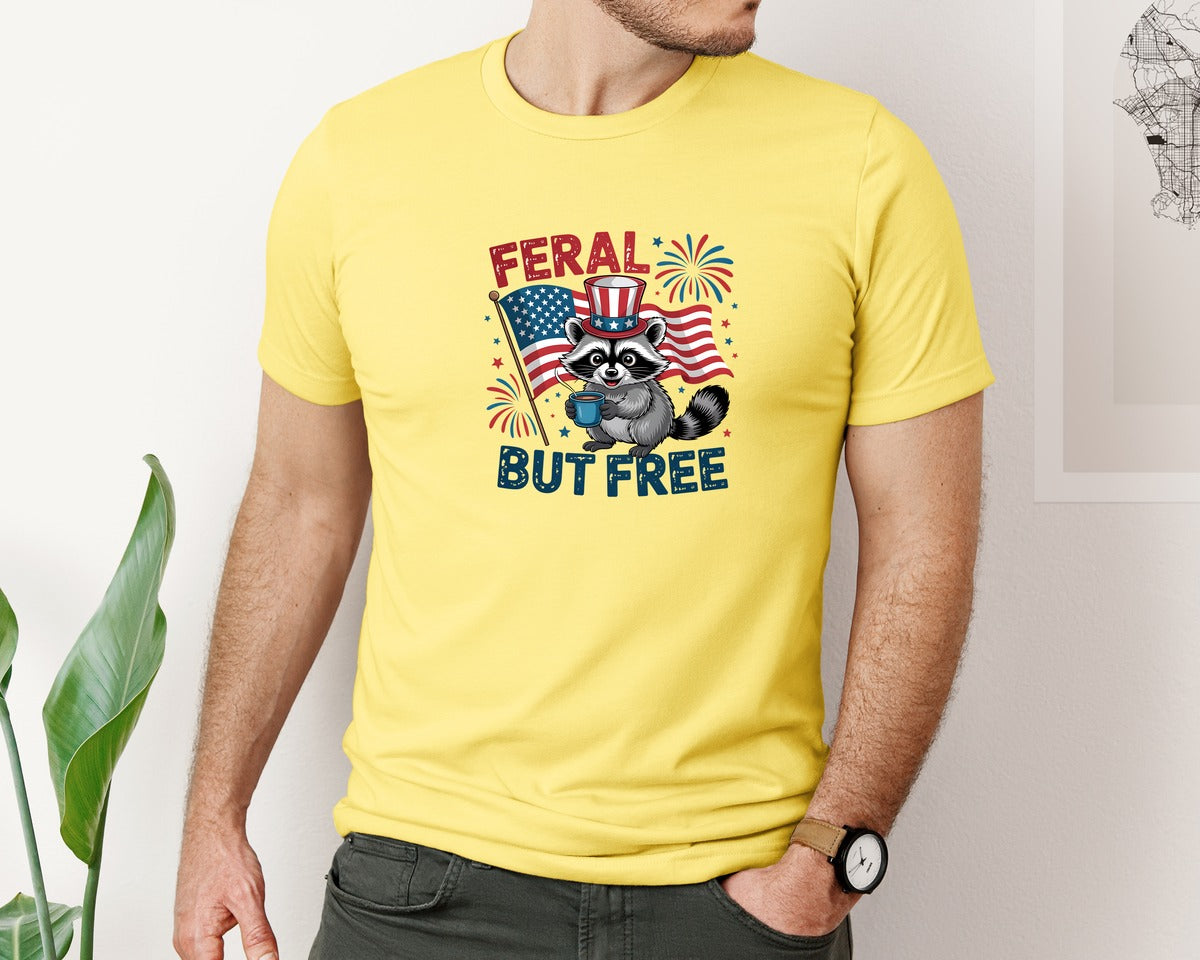 brand:Bella Canvas|color:Yellow|Feral But Free Raccoon 4Th Of July 5 Graphic T-Shirt