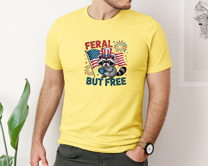 brand:Bella Canvas|color:Yellow|Feral But Free Raccoon 4Th Of July 5 Graphic T-Shirt