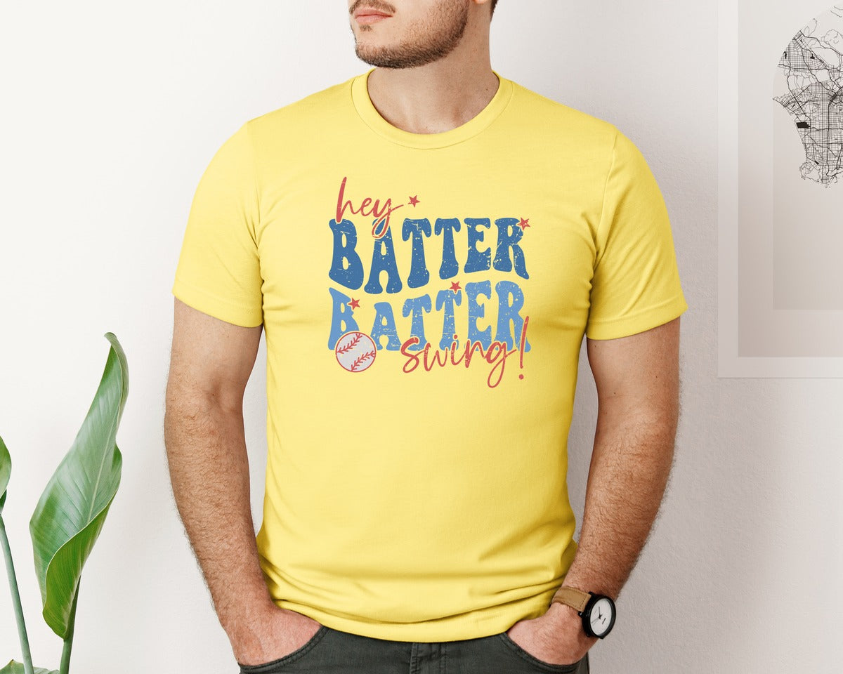 brand:Bella Canvas|color:Yellow|Retro Baseball Hey Batter Batter Swing Graphic T-Shirt