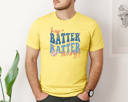 brand:Bella Canvas|color:Yellow|Retro Baseball Hey Batter Batter Swing Graphic T-Shirt