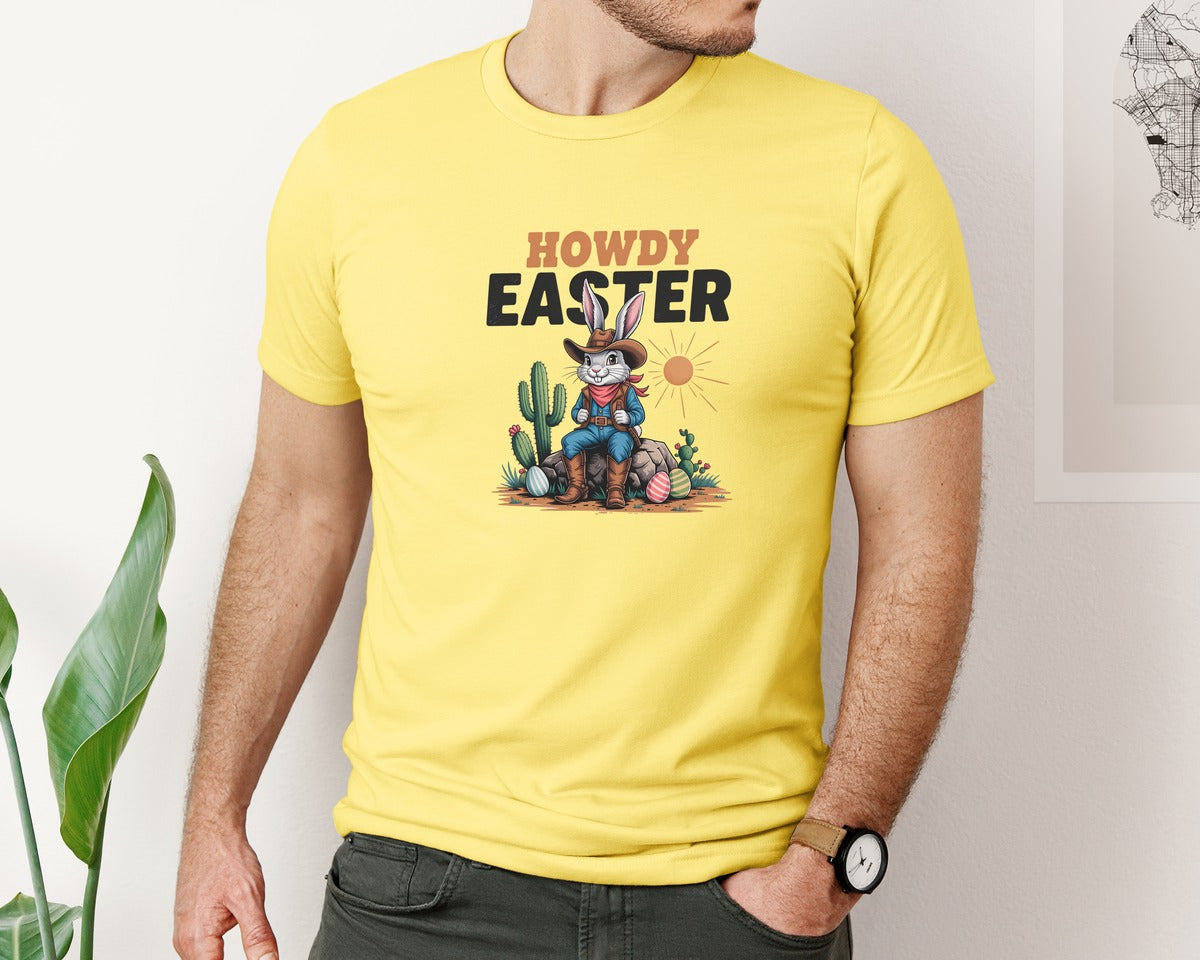 brand:Bella Canvas|color:Yellow|Howdy Easter Western Cowboy Bunny 2 Graphic T-Shirt