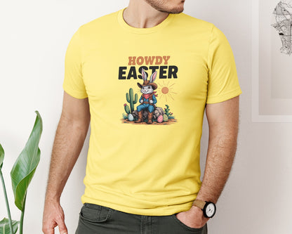 brand:Bella Canvas|color:Yellow|Howdy Easter Western Cowboy Bunny 2 Graphic T-Shirt
