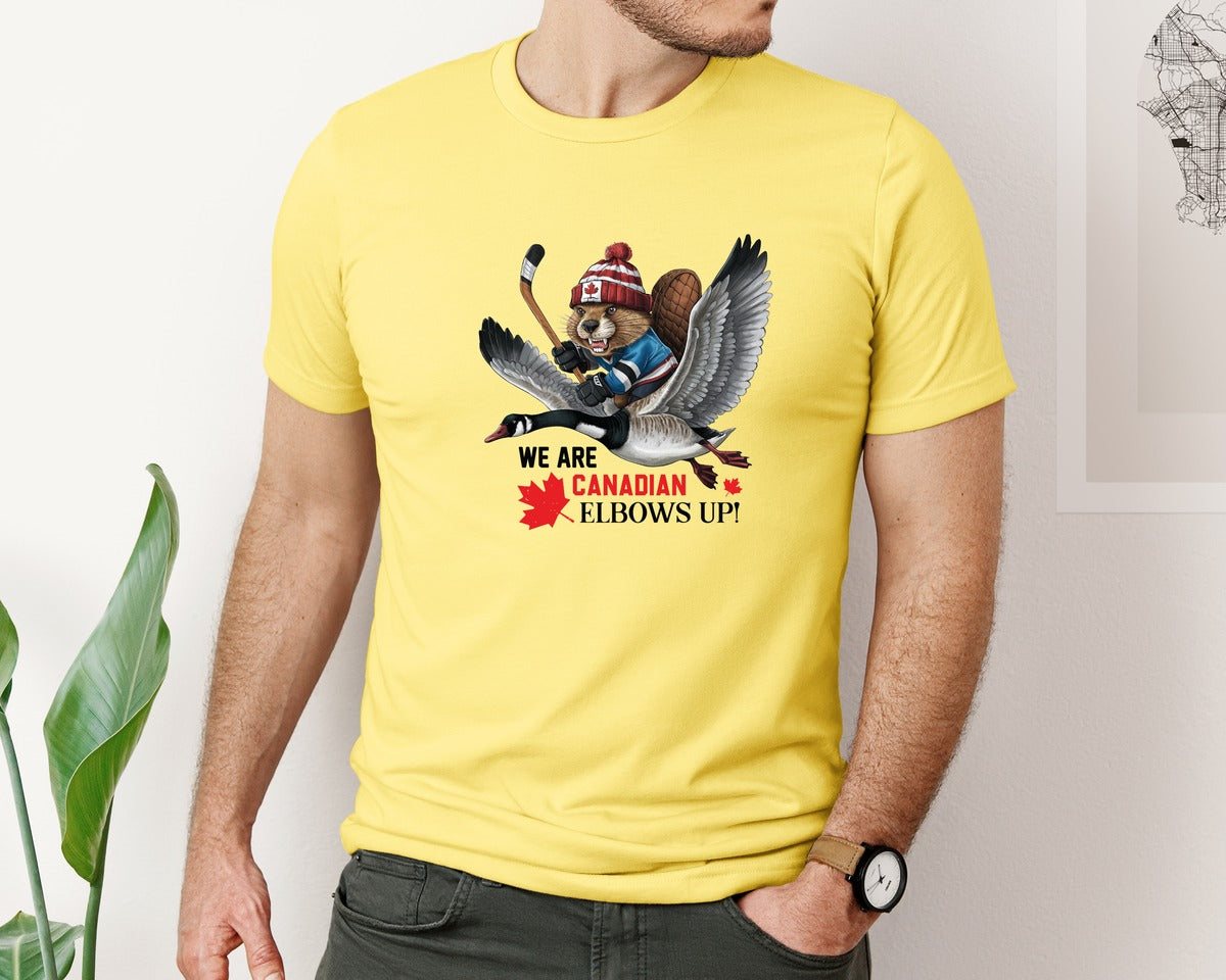 brand:Bella Canvas|color:Yellow|We Are Canada Elbows Up 2 Graphic T-Shirt