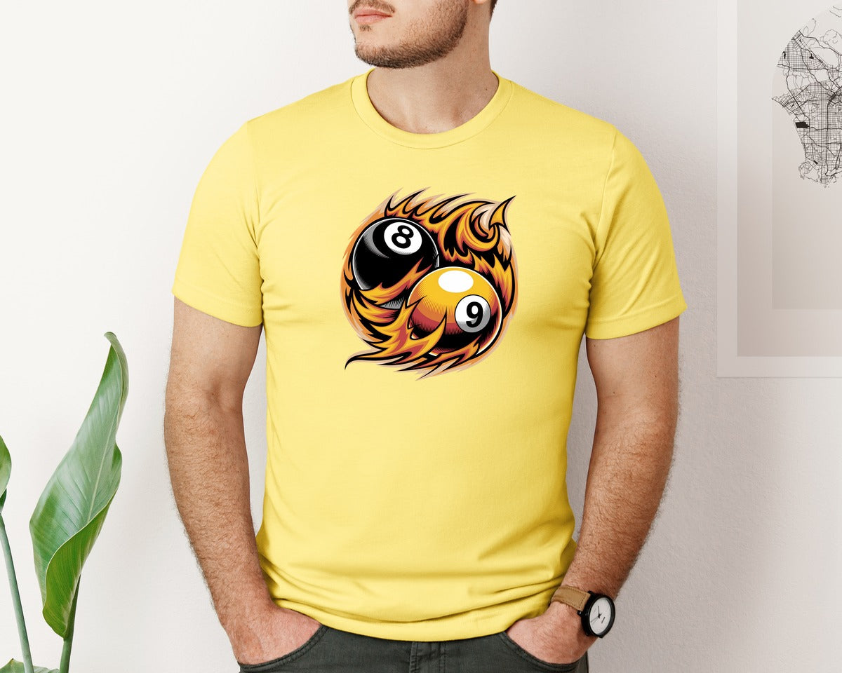 brand:Bella Canvas|color:Yellow|Flaming 8 9 Ball Billiards Graphic T-Shirt
