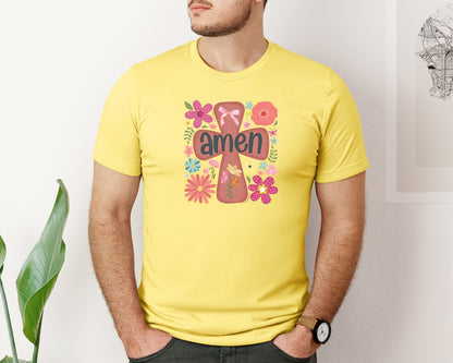 brand:Bella Canvas|color:Yellow|Boho Floral Amen Christian Graphic T-Shirt