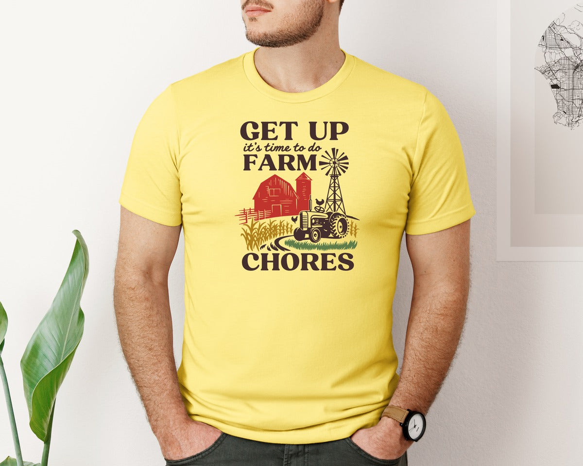 brand:Bella Canvas|color:Yellow|Get Up Its Time To Do Farm Chores 2 Graphic T-Shirt