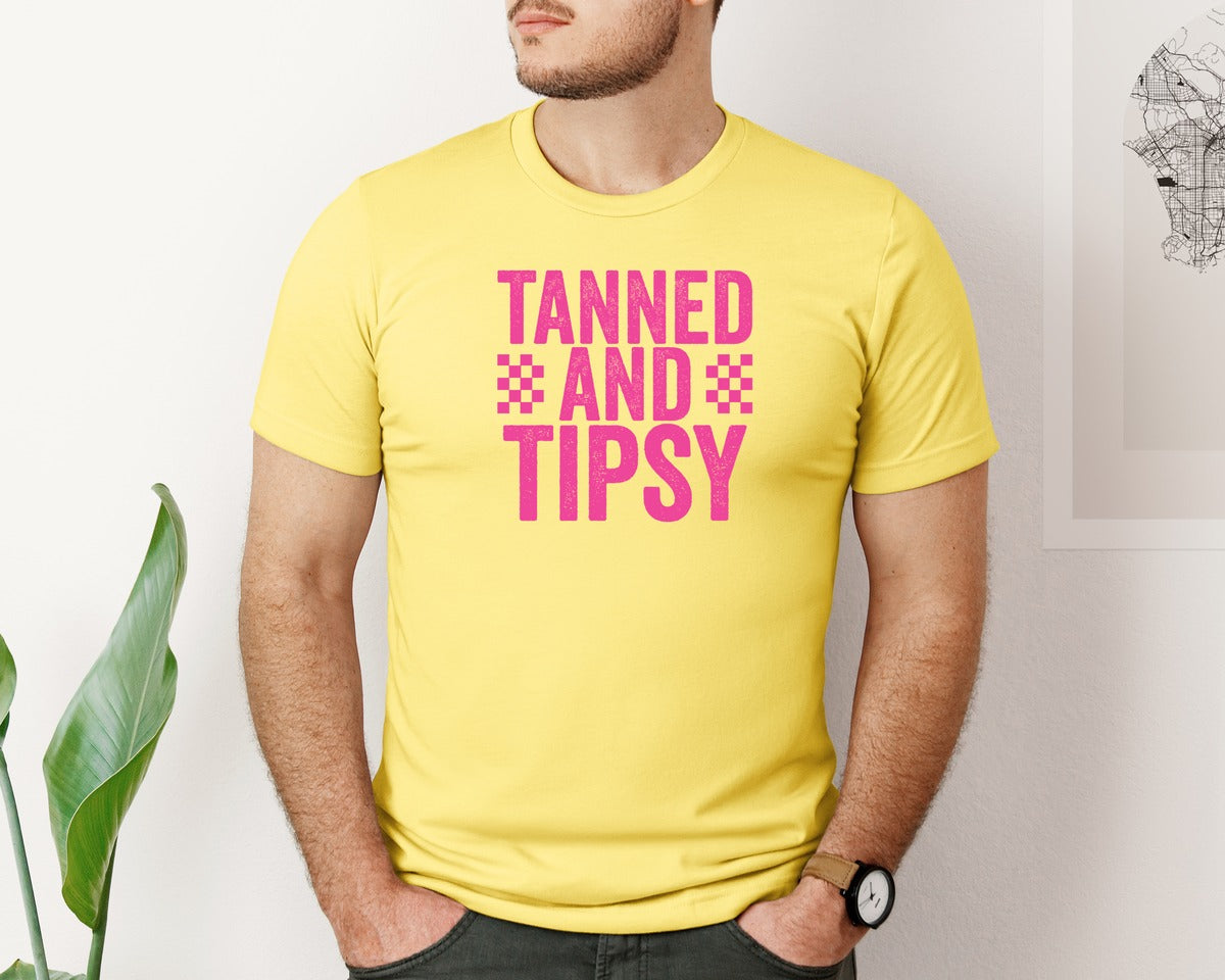 brand:Bella Canvas|color:Yellow|Tanned And Tipsy Summer Beach Life Graphic T-Shirt