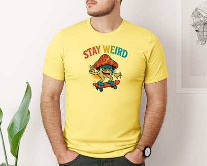 brand:Bella Canvas|color:Yellow|Stay Weird Mushroom Skateboard Graphic T-Shirt