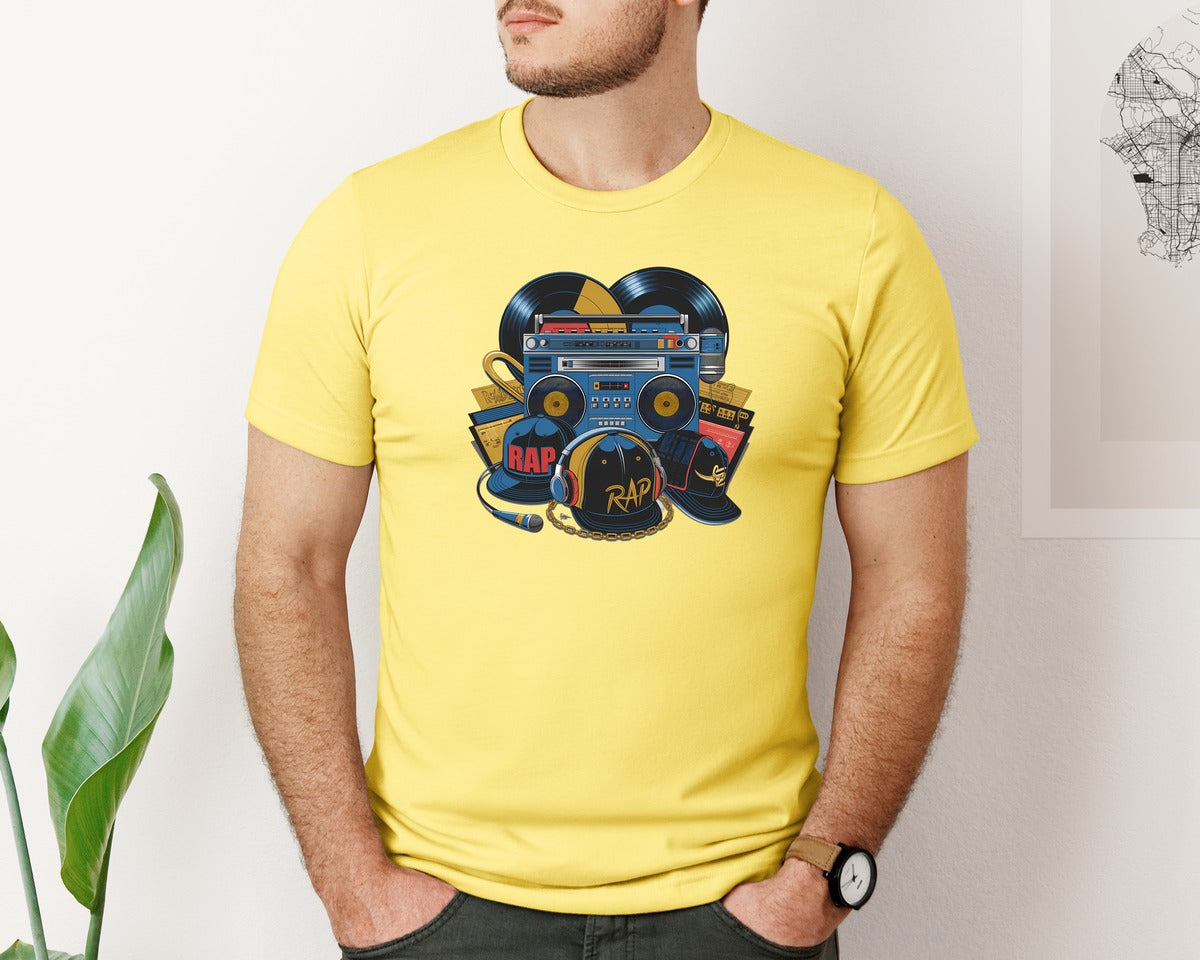 brand:Bella Canvas|color:Yellow|Retro Hip Hop Rap Boombox Style Graphic T-Shirt