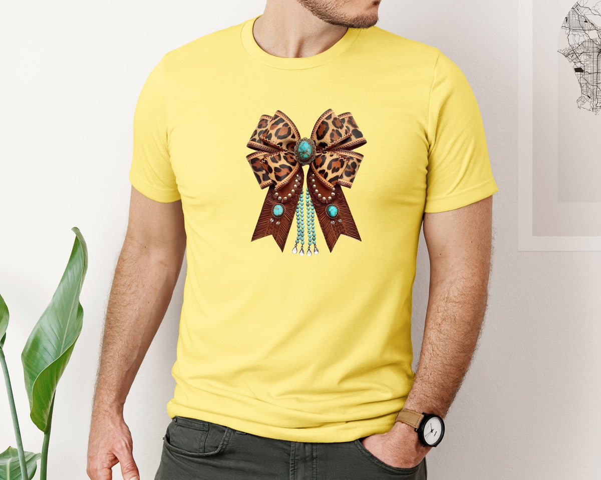 brand:Bella Canvas|color:Yellow|Western Leopard Bow Bohemian Coquette Graphic T-Shirt